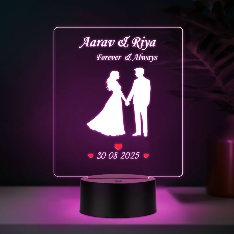 Personalized Couple Night Lamp Custom with Name & Date Bedside Table Lamp Couple Gift Anniversary, Wedding, Marriage, Valentine Day Multicolored Light (Forever & Always)